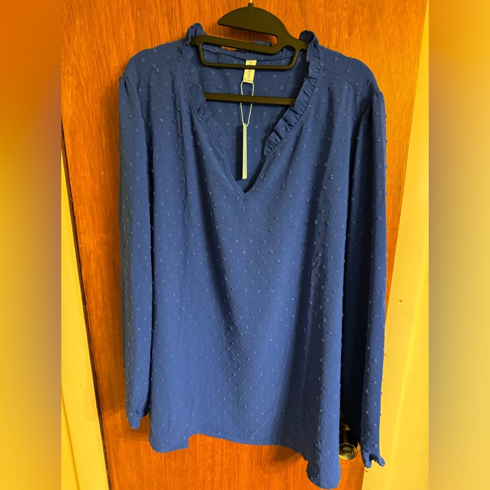 NWT royal blue long sleeve tunic, ruffled collar, V neckline by YSYOKOW size XXL